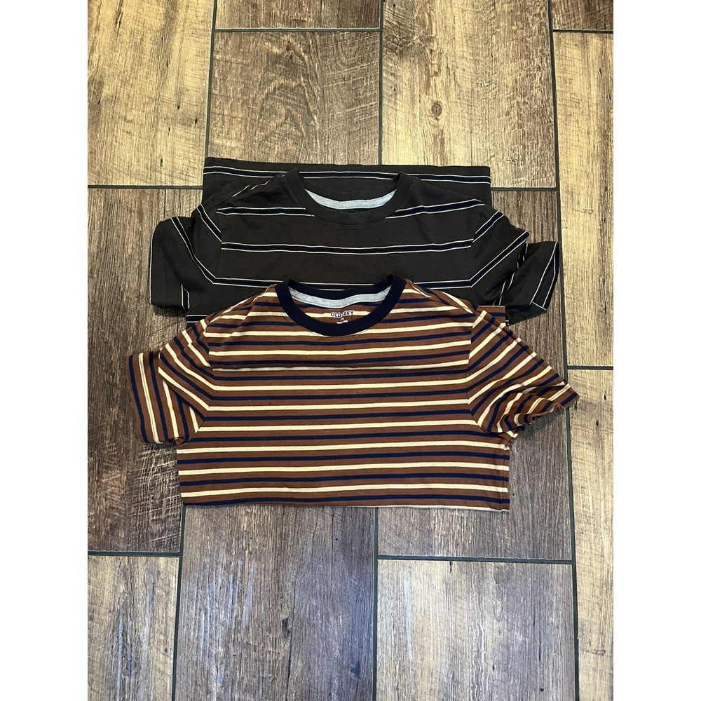 2 Boys T-shirt size 10-12 Lightweight Tan, Green & Blue Stripes
